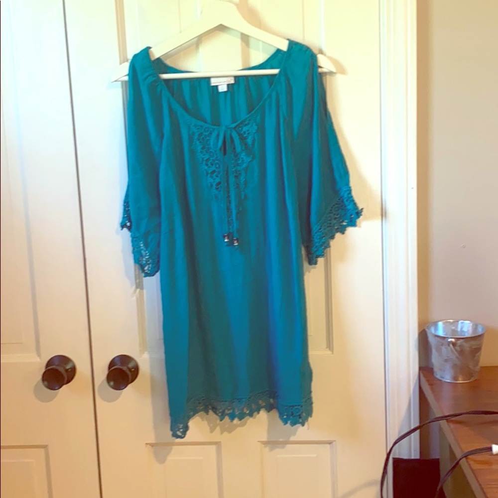 Turquoise gauze cold shoulder blouse